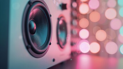 Fototapeta premium Close-Up of a Speaker With Colorful Bokeh Lights in a Music Studio