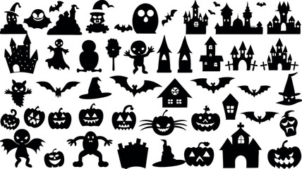 Set of silhouettes of Halloween on a white background. template and decoration. Vector illustration