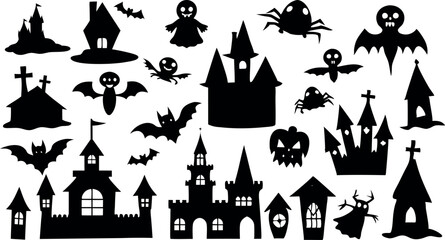 Set of silhouettes of Halloween on a white background. template and decoration. Vector illustration