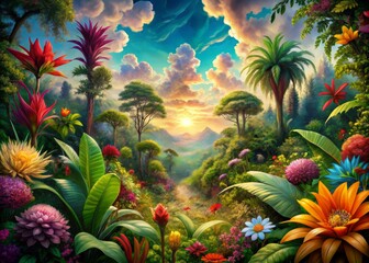 Vibrant jungle landscape featuring enormous flowers as big as trees, sprawling vines reaching clouds, and lush, oversized foliage in a kaleidoscope of colors.