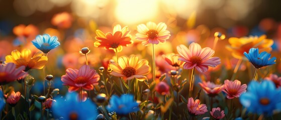 Out-of-focus image of a garden with colorful flowers in bloom. 