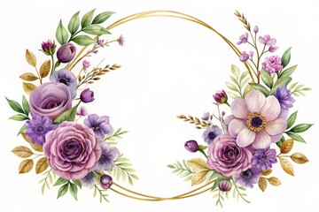 Delicate purple flower frame watercolor vector set featuring flora wreath, rose and anemone flowers, surrounded by intricate gold frame, perfect for wedding designs.