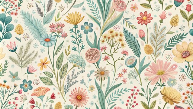 Whimsical hand-drawn wild meadow florals in soft pastel hues, featuring playful bouquet illustrations and intricate details, arranged in a seamless repeating pattern.
