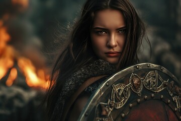 A determined warrior with a shield gazes fiercely, surrounded by flames, embodying strength and courage in a historic conflict