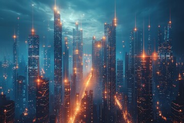 Fototapeta premium A futuristic cityscape where glowing lines form towering skyscrapers, conveying a sense of technological advancement and innovation.