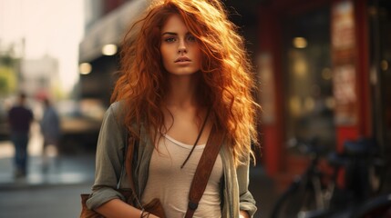 redhead young woman with backpack on the street
