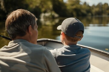 A grandfather and his grandson share a peaceful fishing experience, enjoying the warmth of the sun and the tranquility of the lake's surface