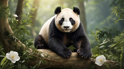 Fototapeta premium A wild panda with black eyes and a white face ai generative