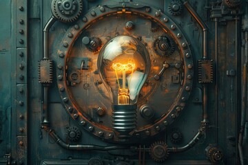  Illustration of a light bulb illuminated with gears in the background, symbolizing an innovative idea.