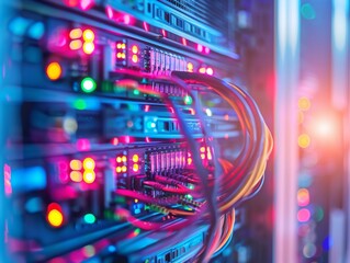 Server Rack with Network Cables and LEDs