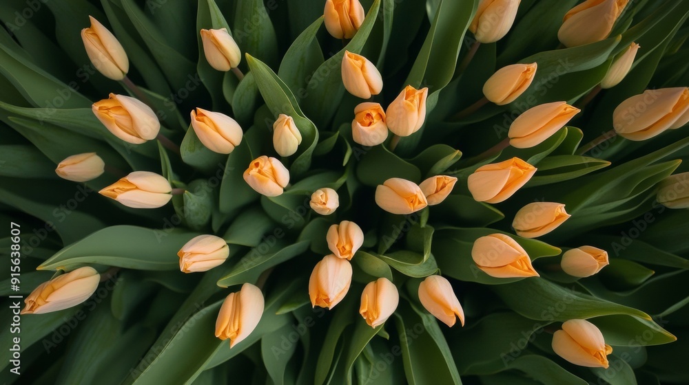 Poster Aerial View of Symmetrical Pattern of Orange Tulips in Soft, Diffused Lighting, Emphasizing Geometric Textures and Intricate Designs