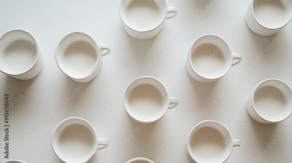 Poster aerial view of white coffee cups in symmetrical geometric pattern with bright diffused lighting, cap