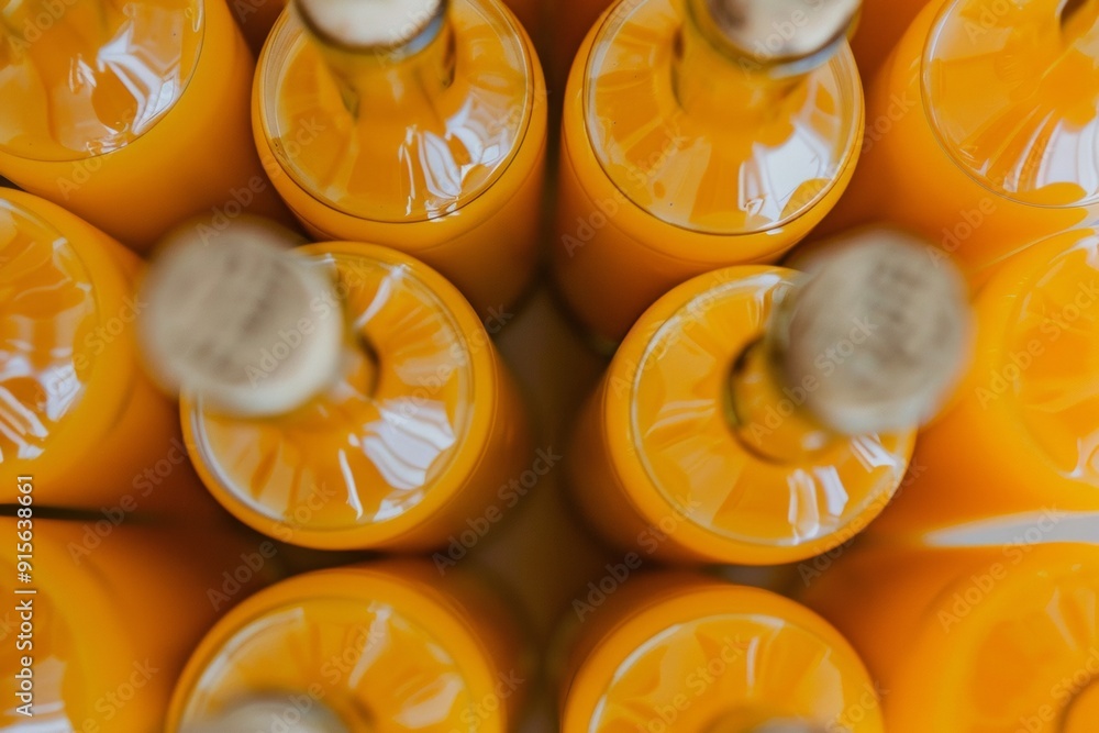 Poster Bright Aerial View of Symmetrical Orange Drinks in Geometric Pattern with Vibrant Intricate Textures - Daylight Captured from Above