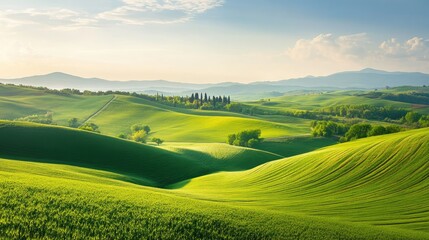 Obraz premium Tranquil countryside view with gentle hills, a clear horizon, and vibrant green fields