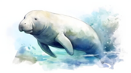 Naklejka premium Dugong under at sea watercolor style