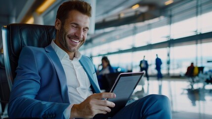 Fototapeta premium A man in a suit is smiling and holding a tablet