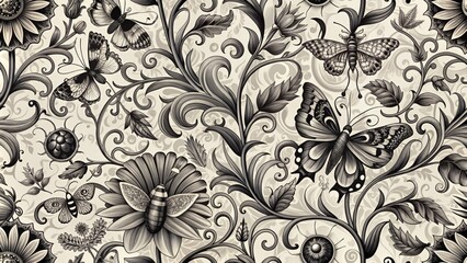 Whimsical black and white vintage seamless pattern featuring intricate flowers, beetles, and butterflies in ornate filigree intertwined with scrolling tendrils.
