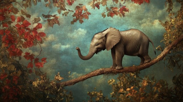 Unique image of a lone elephant balancing on a tree limb, surrounded by whimsical foliage