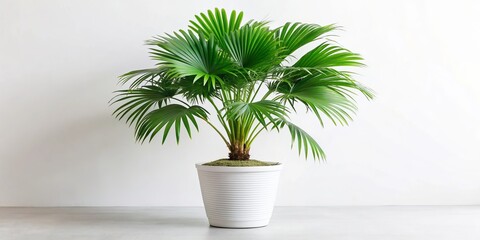 Fototapeta premium A decorative Livistona Rotundifolia palm tree sits elegantly in a modern flowerpot, its feathery leaves and slender trunk perfectly framed against a clean white background.