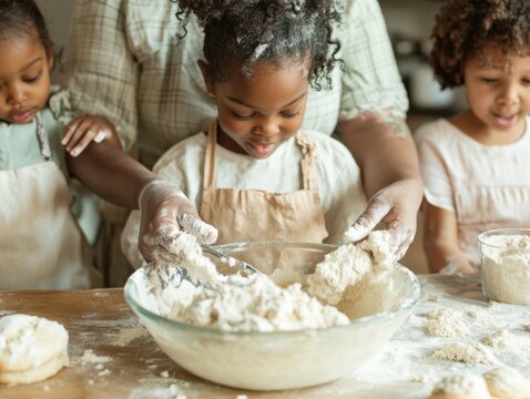 Joyful Multi-Generational Family Baking Session Young Children and Grandparents Cook Together in a Cozy Kitchen