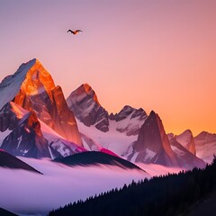 Snow-capped mountain peaks at dawn with soaring eagle.