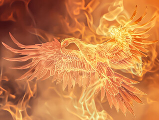 Phoenix bird with wings spread, emerging from the flames.