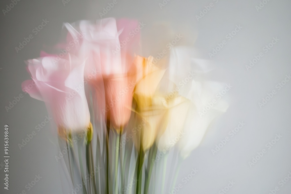 Poster blurry symmetrical floral abstract with soft gray background showcasing blurred bouquet in high defi