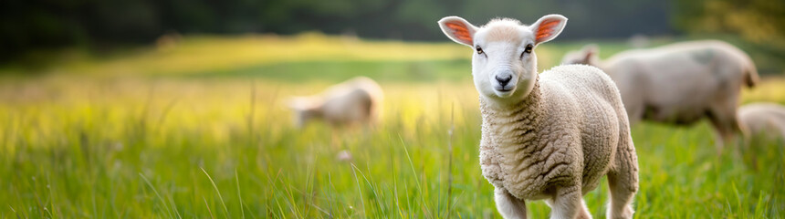 Fototapeta premium Lamb grazing on green grass. Spring farm and livestock concept. Image for agriculture, wool industry, and animal welfare campaigns. Banner with copy space. 