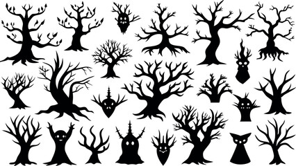 Set of silhouettes of Halloween Spooky Trees