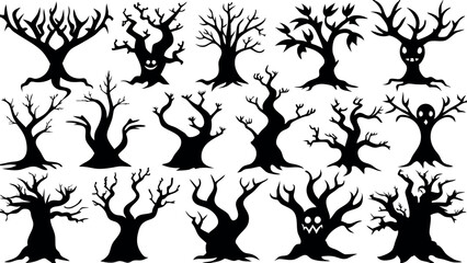 Set of silhouettes of Halloween Spooky Trees