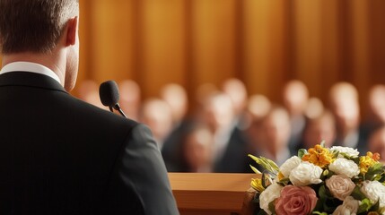 A church service with a preacher delivering a sermon from a podium, with a congregation listening intently