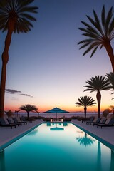 Tranquil desert oasis at twilight with reflecting pool