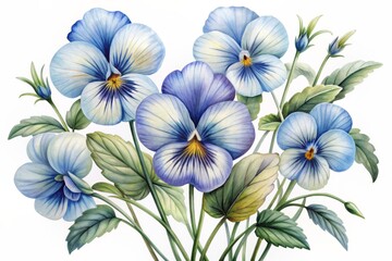 Delicate, intricate, hand-drawn watercolor illustration of a bouquet of blue garden tricolor pansy flowers with whisker-like tendrils on a crisp white background.