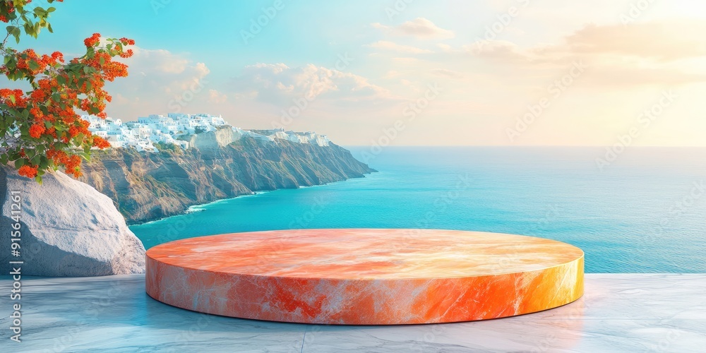 Sticker Orange Marble Podium Overlooking a Coastal Landscape with Blue Waters