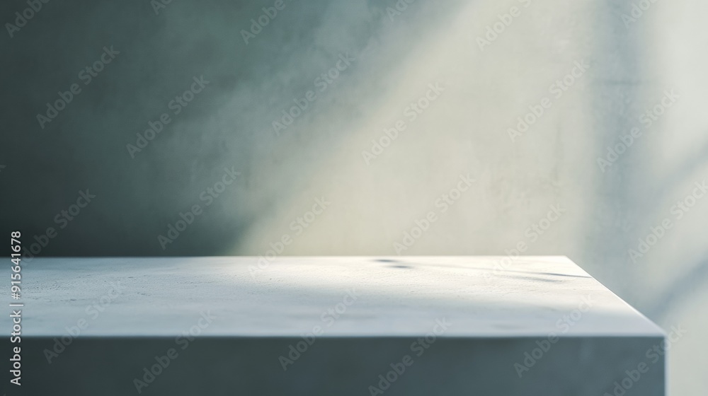 Poster minimalist morning light product display setup on smooth light gray concrete table in serene indoor 