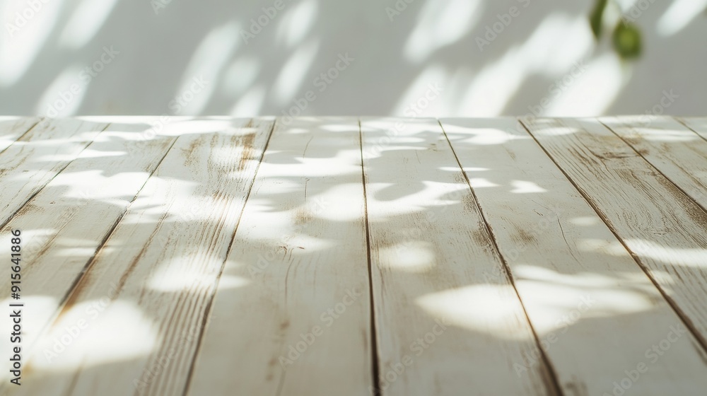Poster cozy minimalist wooden table surface for product display in warm ambient light with floral-themed bl