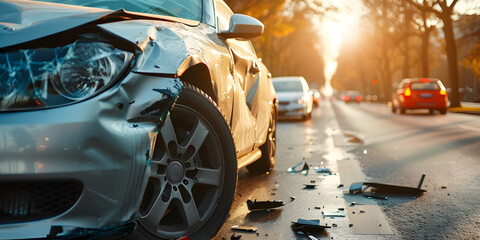 Sunny Day Car Collision: Close-Up of Silver Car's Damaged Hood and Blurred Street Background