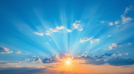 Sunrise above the clouds. Weather and atmosphere concept. Image for wallpaper and banner with copy space. 