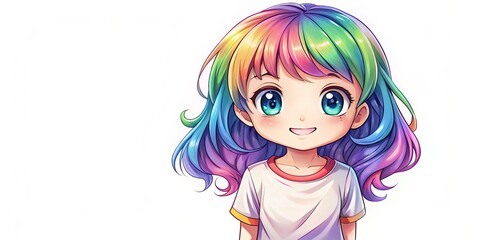 Adorable anime-style cartoon girl with colorful hair and big smile stands against a crisp white background, perfect for kids' t-shirt designs and modern prints.