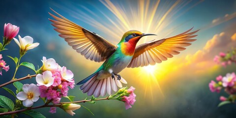 Obraz premium Delicate bird with vibrant plumage spreads colorful wings, prepares to land on a lush, exotic bloom with soft petals and golden anthers, against a bright sky.
