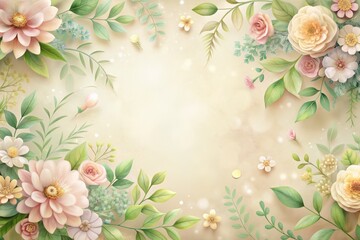 Delicate pastel flowers and leaves adorn a soft, creamy background, providing a charming border and ample copy space for text or graphics.