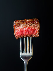 A mid-rare slice of ribeye steak on the tip of a fork. Isolated on black background. Close up