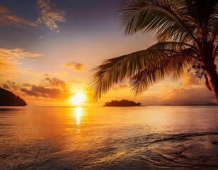 Tropical island with a palm tree at sunset
