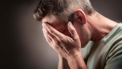 Fototapeta premium Person holding their head in discomfort, symbolizing illness, pain, and medical concern.
