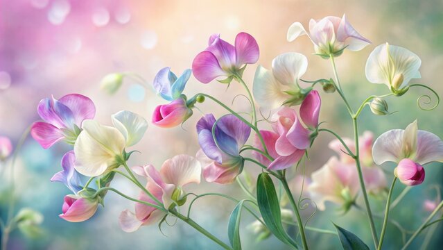 Delicate sweet pea flowers in soft pastel hues, intricately illustrated in watercolor style, with gentle, swirling patterns and subtle texture, perfect forSpring designs.