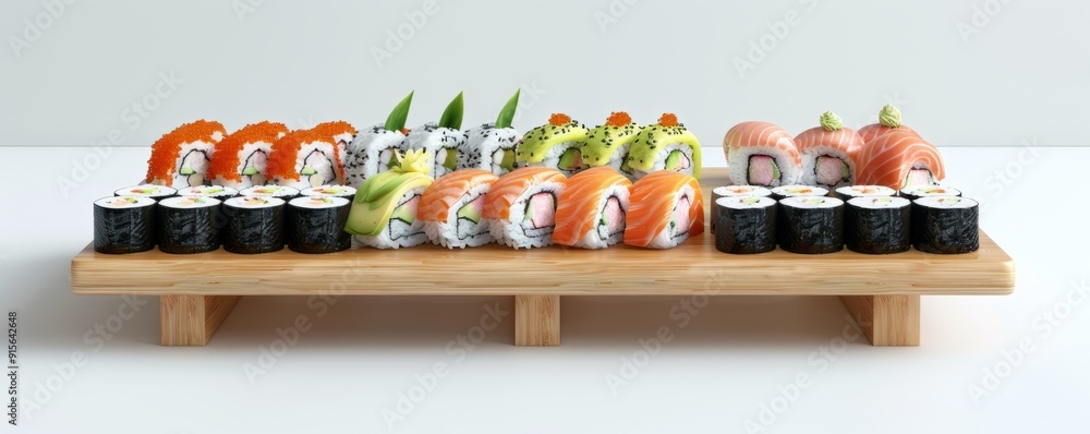 Wall mural Fresh sushi platter with various rolls, 4K hyperrealistic photo