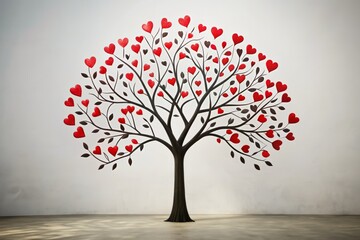 Delicate hand-drawn black Valentine tree silhouette with heart-shaped leaves on a pure white background, conveying love and affection in a minimalist vector illustration.