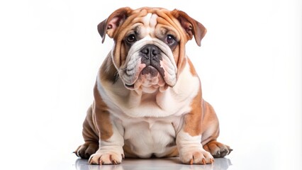 Obraz premium Adorable bulldog with wrinkled face and sweet expression sits alone on a pure white background, showcasing its playful and lovable personality.