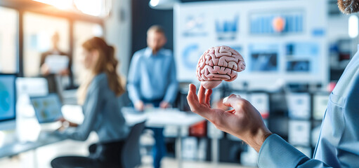 Businessman holding a brain icon with an office background, in the style of a digital twin concept of human interface technology for creative thinking and intelligence. A business manager or employee 