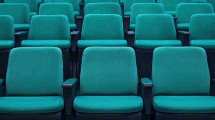 Fototapeta premium A row of vibrant teal theater seats arranged in a modern auditorium setting, ideal for showcasing contemporary interior design.